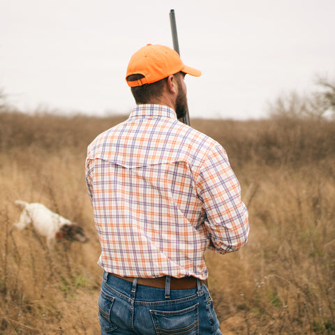 In Field Hunting - Orange/Navy Plaid Pearl Snap Performance Shirt - Sundown Supply Co