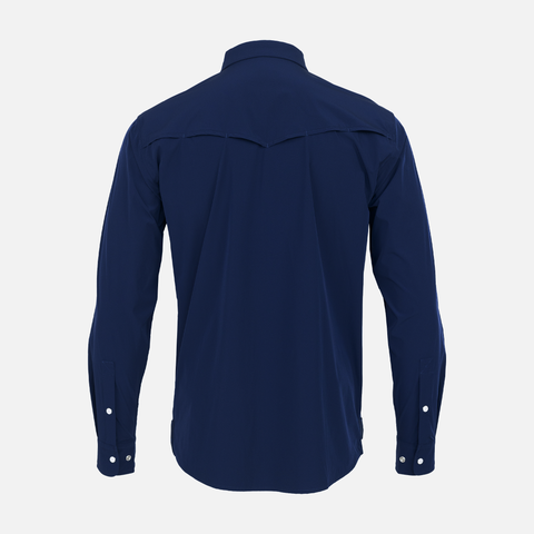 Rear view of Navy Pearl Snap Field Shirt L/S showing rear vents - Sundown Supply Co