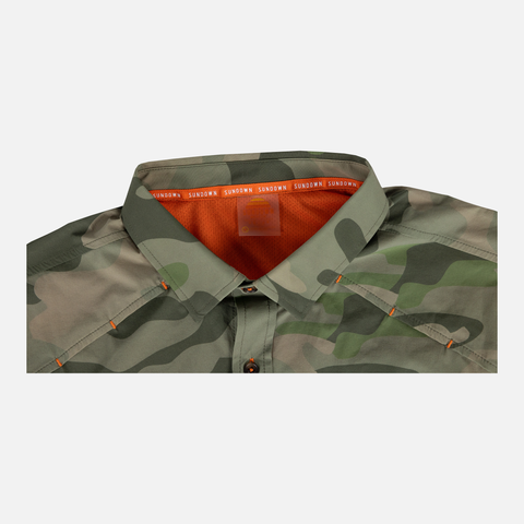 collar of Long sleeve Vintage Camo performance field shirt showing "SUNDOWN" text in inner collar