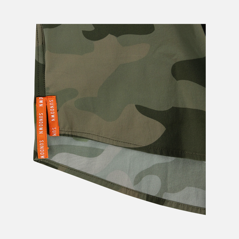 closeup of side vents on bottom side of s/s Vintage Camo performance field shirt with white embroidered "SUNDOWN" text