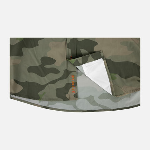 closeup of blaze "chase the sun" embroidered text on interior buttons of Vintage Camo s/s performance field shirt