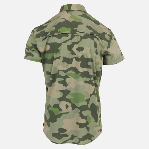 rear view of Sundown Vintage Camo short sleeve performance field shirt