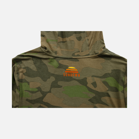closeup of upper back of Vintage Camo Bamboo Sun Hoodie L/S showing Orange and Yellow SUNDOWN logo