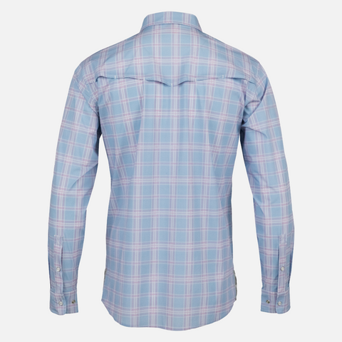 Rear view of Blue/Pink Plaid Pearl Snap Field Shirt L/S showing rear vents