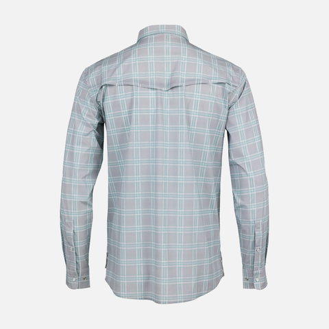Rear view of Seafoam/Grey Plaid Pearl Snap Field Shirt L/S showing rear vents - Sundown Supply Co