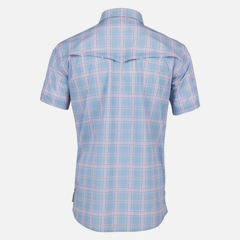 Rear view of Blue/Pink Plaid Pearl Snap Field Shirt S/S showing rear vents