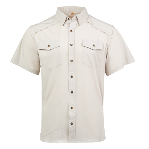 Beige short-sleeve shirt with button details on a white background
