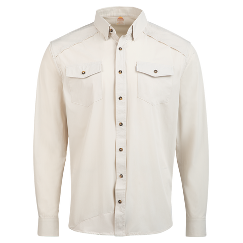 Gray button up with horn buttons front on white background