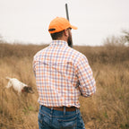 In Field Hunting - Orange/Navy Plaid Pearl Snap Performance Shirt - Sundown Supply Co
