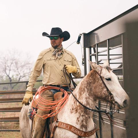Cowboy on a horse with a rope, standing next to a trailer.