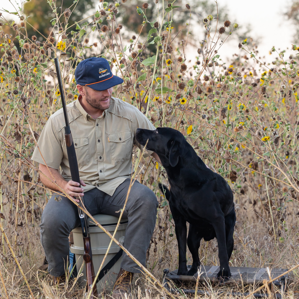 Hunter in a sunflower field with a navy hat and black lab. 
