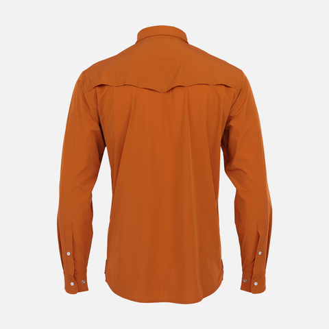 Rear view of Burnt Orange Pearl Snap Field Shirt L/S showing rear vents