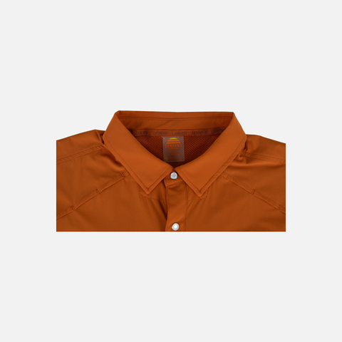 Closeup of collar of Burnt Orange Pearl Snap Field Shirt L/S