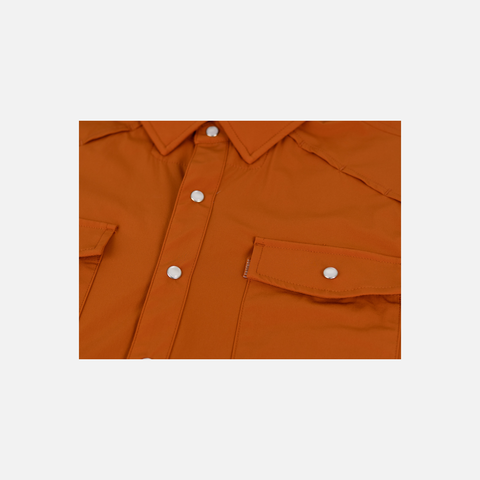 closeup of front buttons and pockets of Burnt Orange Pearl Snap Field Shirt L/S