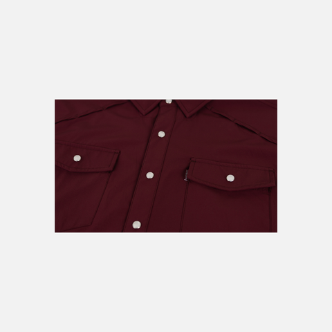 closeup of front buttons and pockets of Maroon Pearl Snap Field Shirt L/S