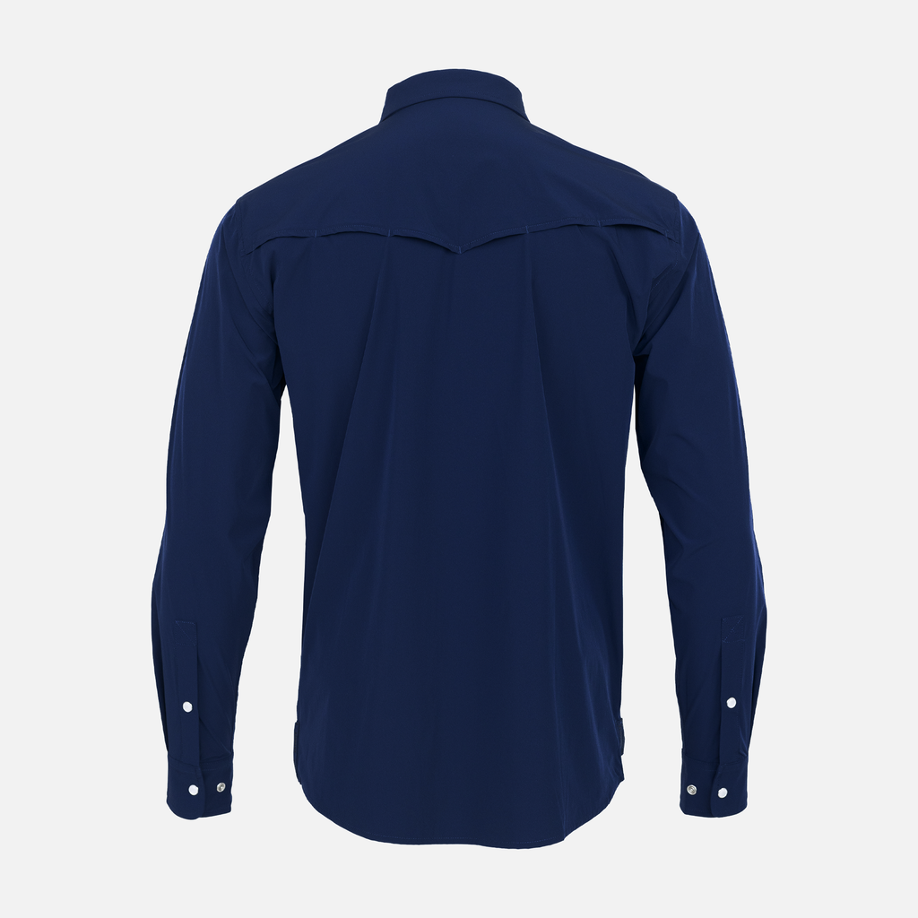 Rear view of Navy Pearl Snap Field Shirt L/S showing rear vents - Sundown Supply Co