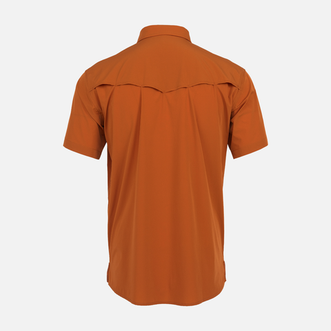 Rear view of Burnt Orange Pearl Snap Field Shirt S/S showing rear vents