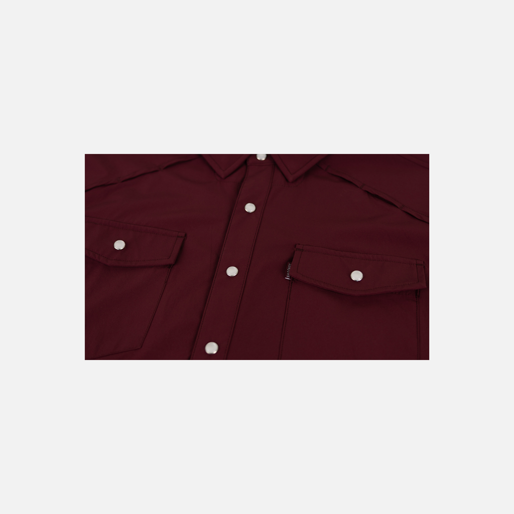 closeup of front buttons and pockets of Maroon Pearl Snap Field Shirt S/S