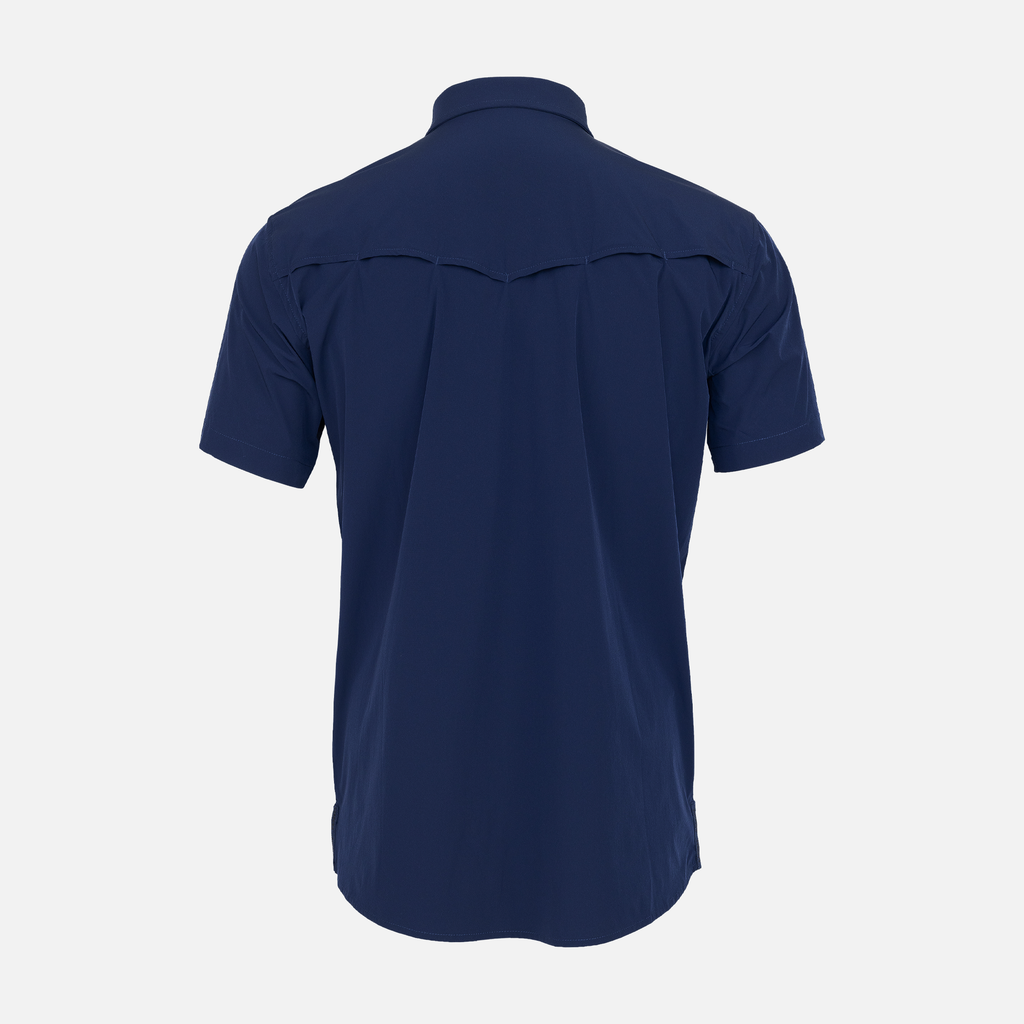 Rear view of Navy Pearl Snap Field Shirt S/S showing rear vents
