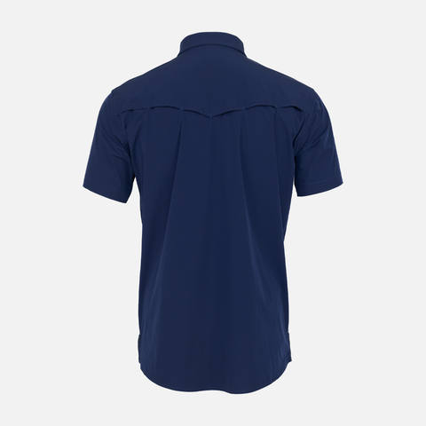 Rear view of Navy Pearl Snap Field Shirt S/S showing rear vents