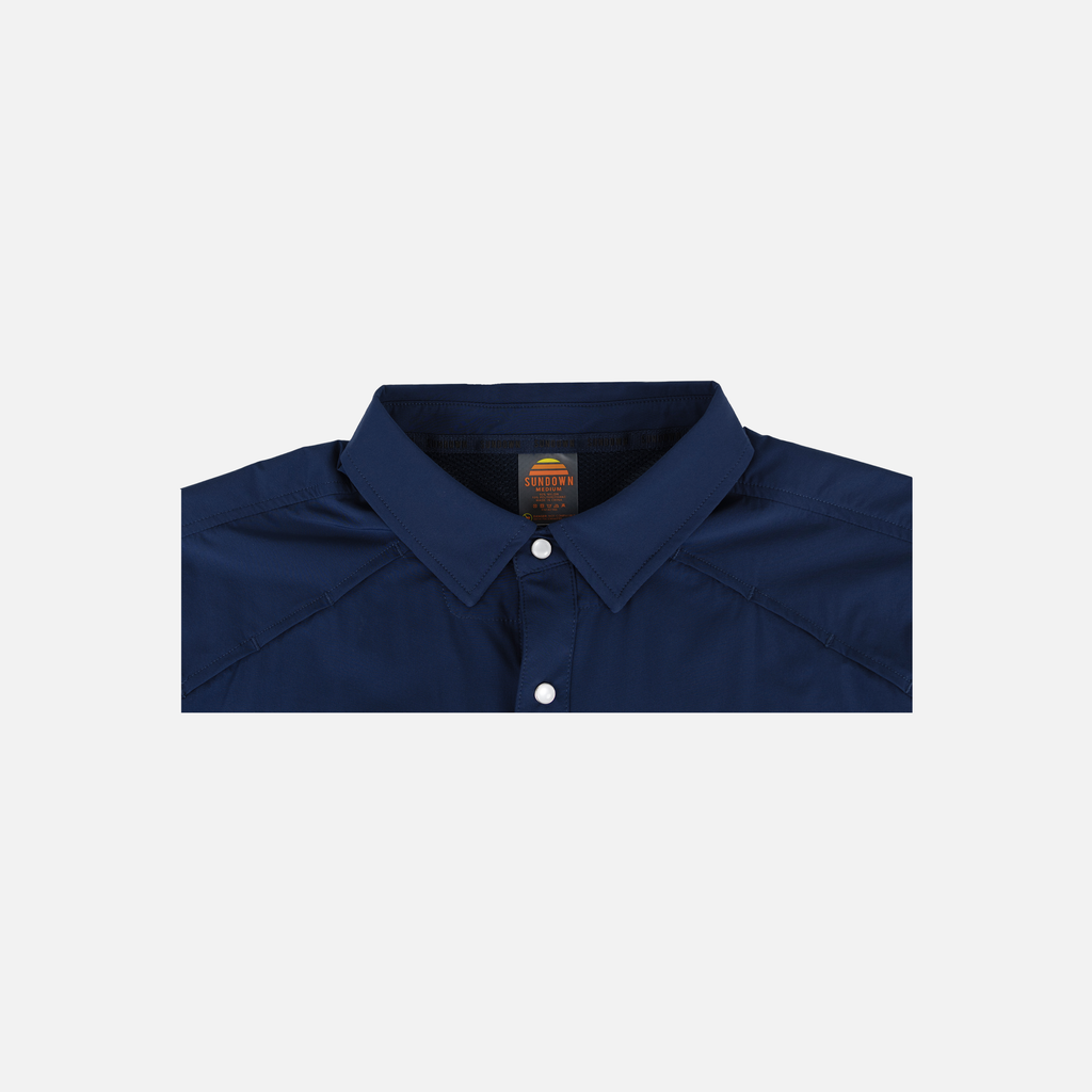 Closeup of collar of Navy Pearl Snap Field Shirt S/S