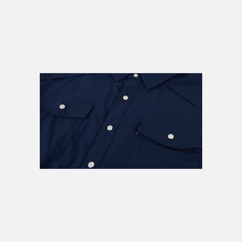 closeup of front buttons and pockets of Navy Pearl Snap Field Shirt S/S