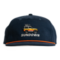 Navy blue cap with embroidered design and 'Sundown' text on a white background