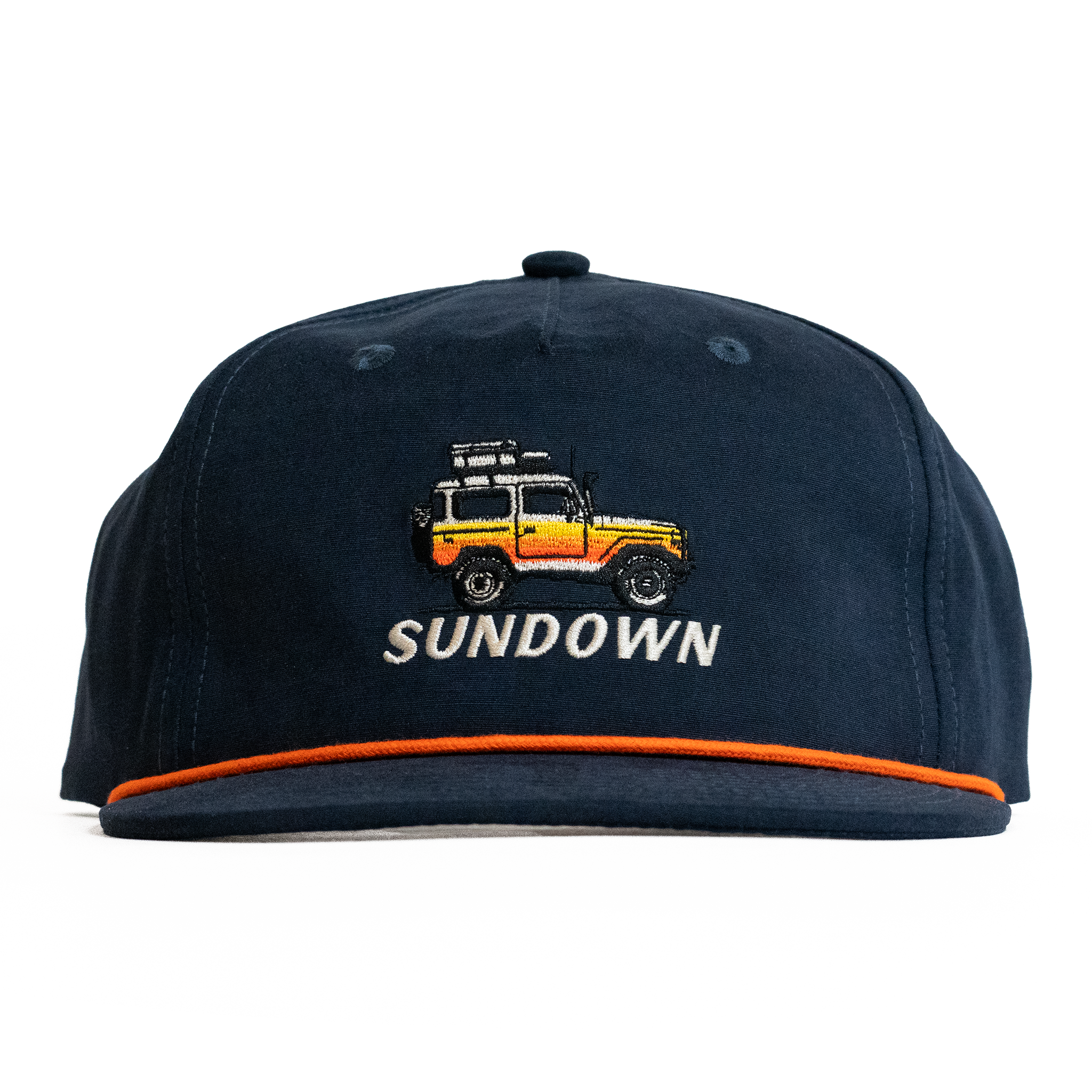 Navy blue cap with embroidered design and 'Sundown' text on a white background