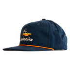 Navy blue cap with embroidered design and 'Sundown' text on a white background