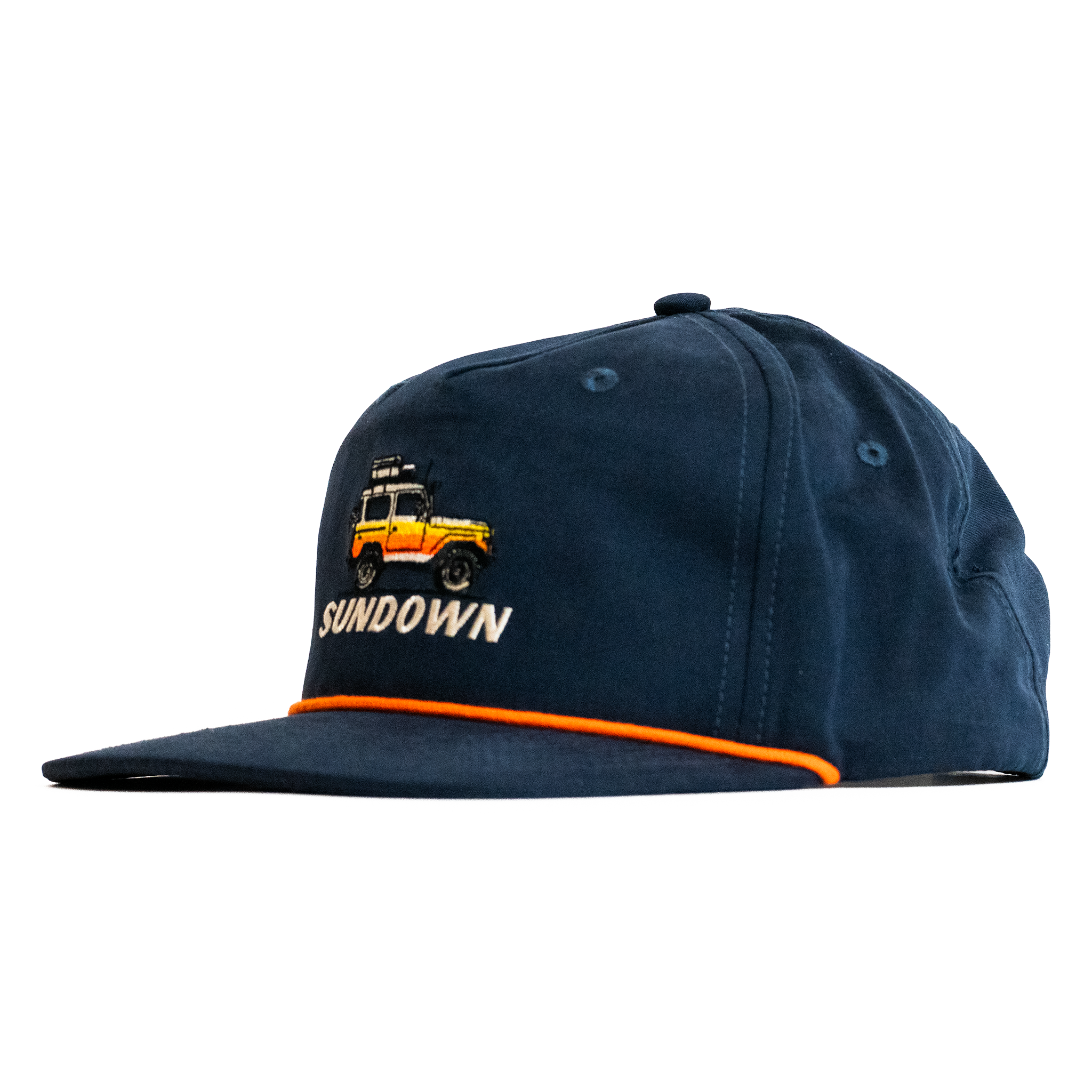 Navy blue cap with embroidered design and 'Sundown' text on a white background