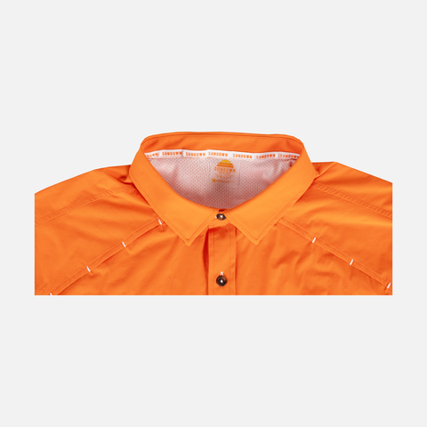 collar of blaze short sleeve performance field shirt showing "Sundown" text interior tape and interior pattern