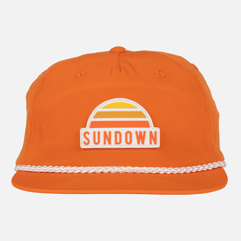 Blaze Unstructured 5-Panel Rope Cap with sundown sun logo patch on front