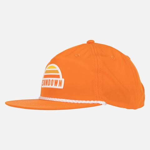 side view of Blaze Unstructured 5-Panel Rope Cap with sundown sun logo patch on front