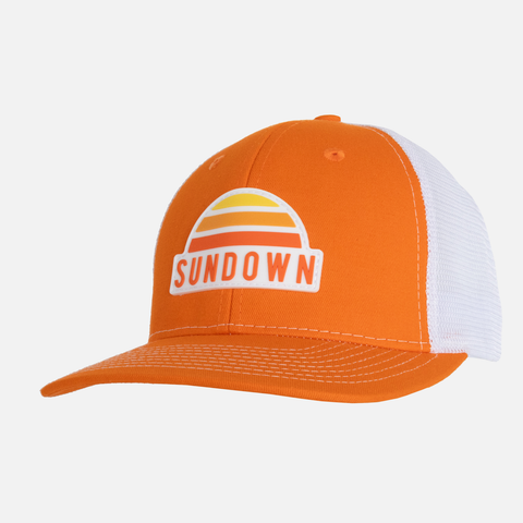 Orange/White Sundown Meshback Snapback with Sundown logo patch on front