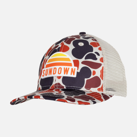 front view of Brown Camo Sundown Meshback Snapback with Sundown logo patch on front