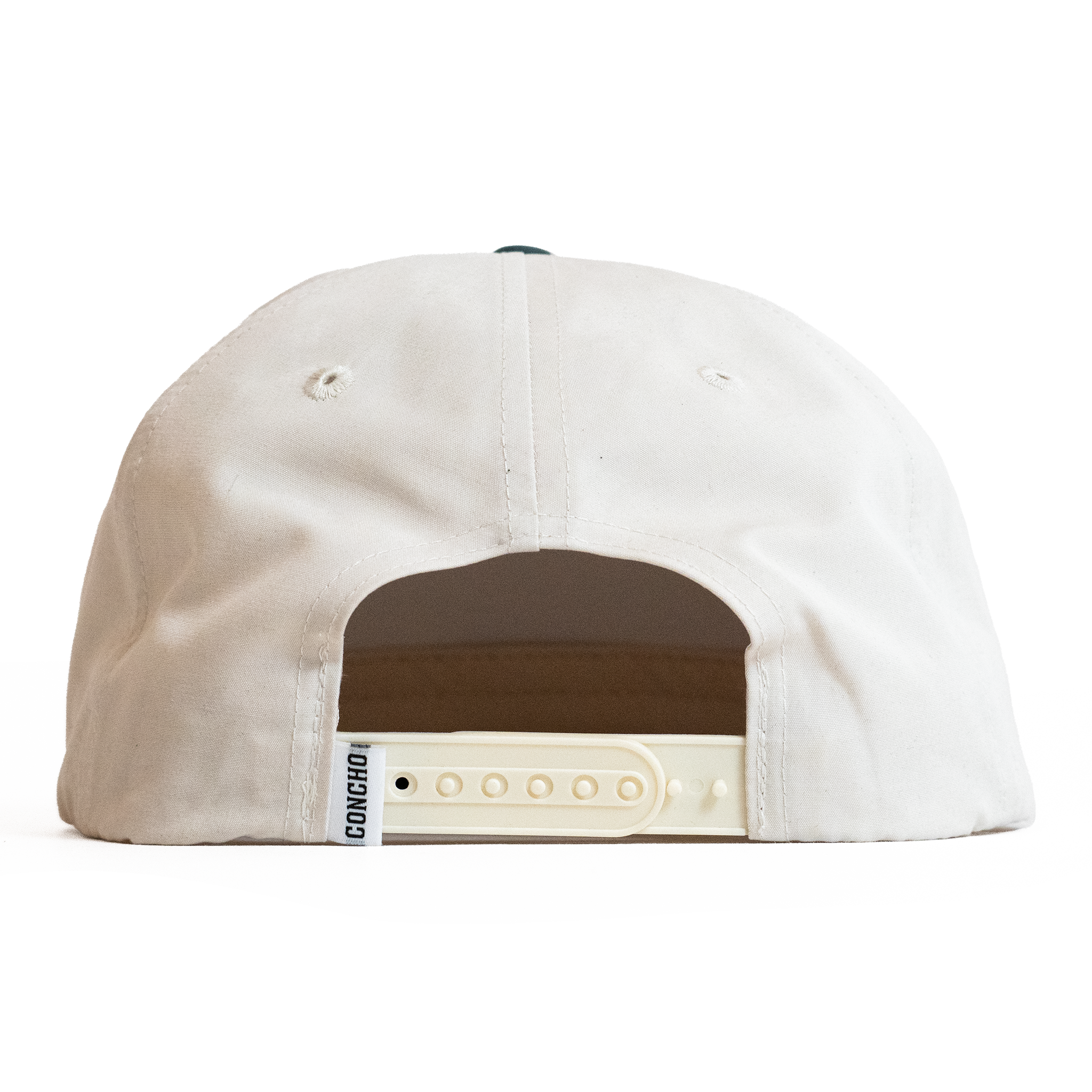 Back view of a beige cap with a brown patch and visible brand logo on a white background