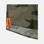 closeup of side vents on bottom side of s/s Vintage Camo performance field shirt with white embroidered "SUNDOWN" text