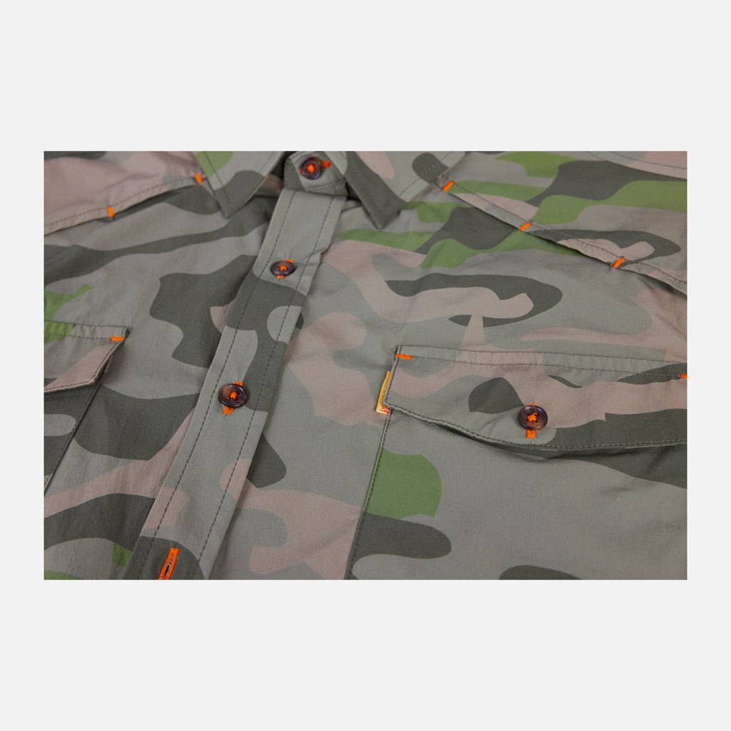 closeup of front of Long sleeve Vintage Camo performance field shirt