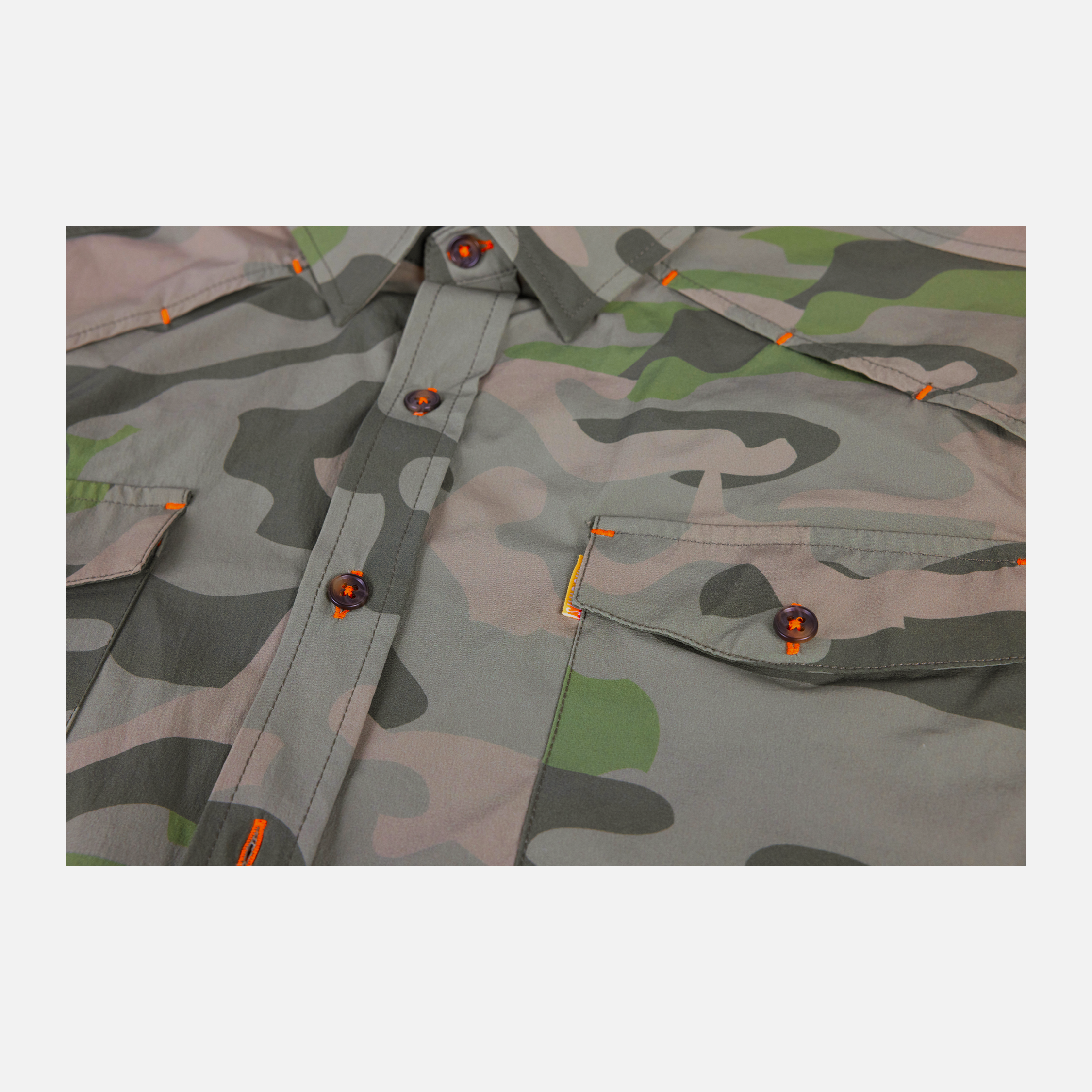 closeup of front of Long sleeve Vintage Camo performance field shirt