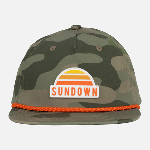 Vintage Camo Unstructured 5-Panel Rope Cap with Sundown logo patch on front and orange rope across bill