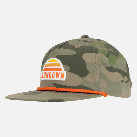 side view of Vintage Camo Unstructured 5-Panel Rope Cap with Sundown logo patch on front and orange rope across bill