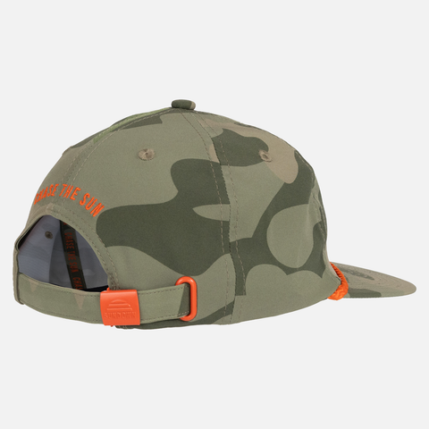 rear angled view of Vintage Camo Unstructured 5-Panel Rope Cap showing orange text on back "CHASE THE SUN"