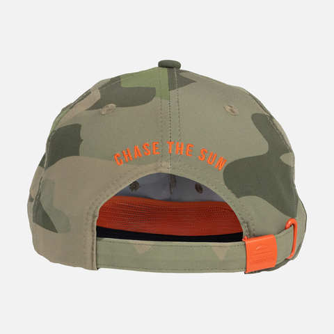 rear view of Vintage Camo Unstructured 5-Panel Rope Cap showing orange text on back "CHASE THE SUN"