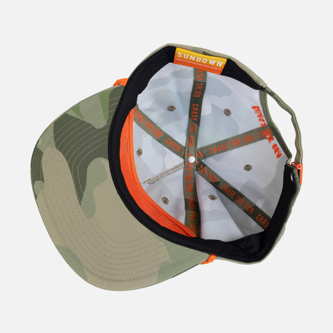 underside view of Vintage Camo Unstructured 5-Panel Rope Cap showing interior taping with blaze text "CHASE THE SUN"