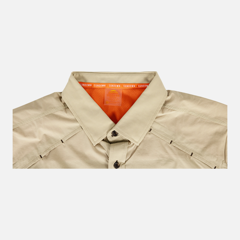 collar of Long sleeve Khaki performance field shirt showing "SUNDOWN" text in inner collar