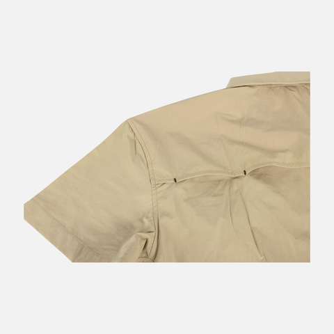 closeup of upper back of Khaki performance field shirt showing back vents