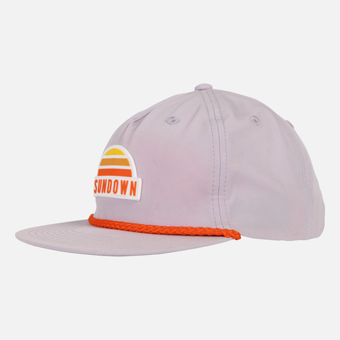 side view of Moonstone Unstructured 5-Panel Rope Cap with Sundown logo patch on front and orange rope across bill