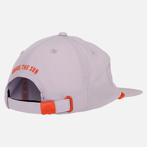 rear view of Moonstone Unstructured 5-Panel Rope Cap with orange text on back "CHASE THE SUN"