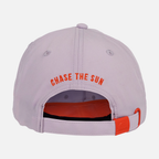 rear view of Moonstone Unstructured 5-Panel Rope Cap with orange text on back "CHASE THE SUN"