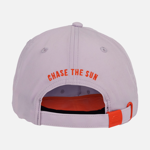 rear view of Moonstone Unstructured 5-Panel Rope Cap with orange text on back "CHASE THE SUN"